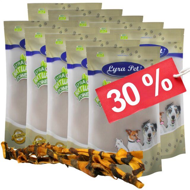 Mehrere Beutel mit Hundesnacks. Auf einem Beutel steht "Lyra Pet". Ein rotes Preisschild mit "30 %" Rabatt.