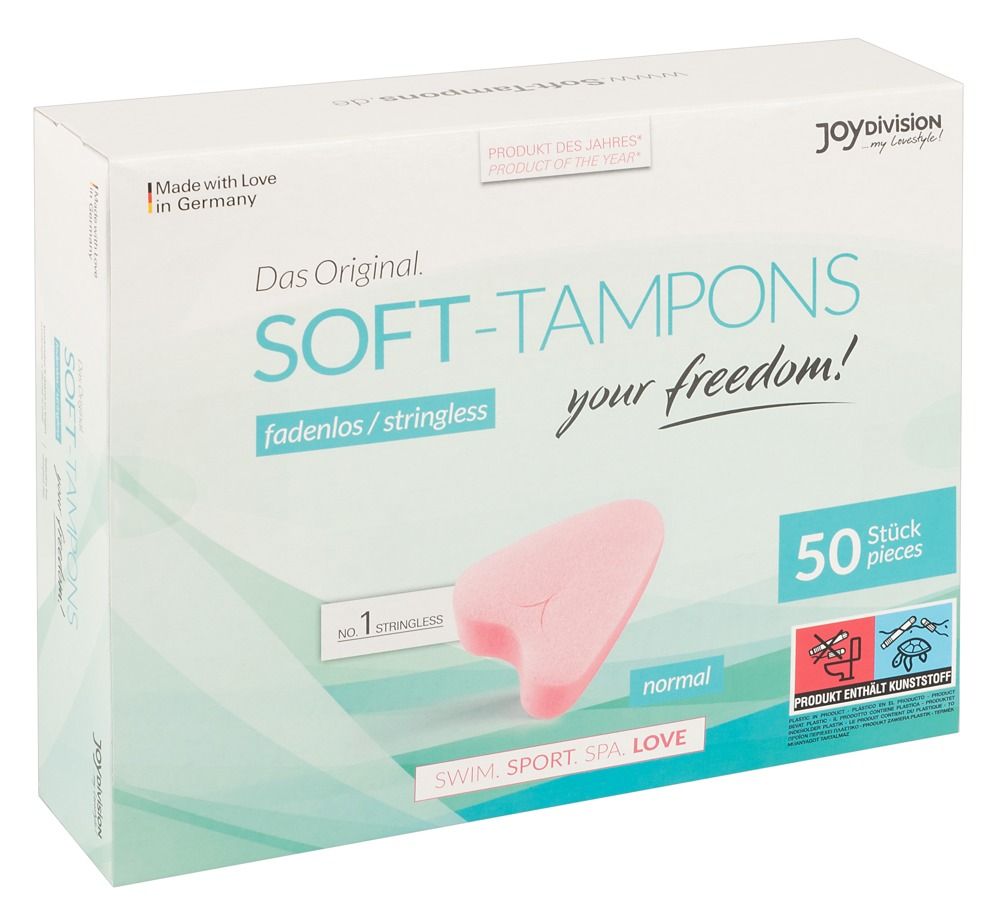 Verpackung mit 50 Soft-Tampons, normal, fadenlos. Ein rosa Tampon ist abgebildet.