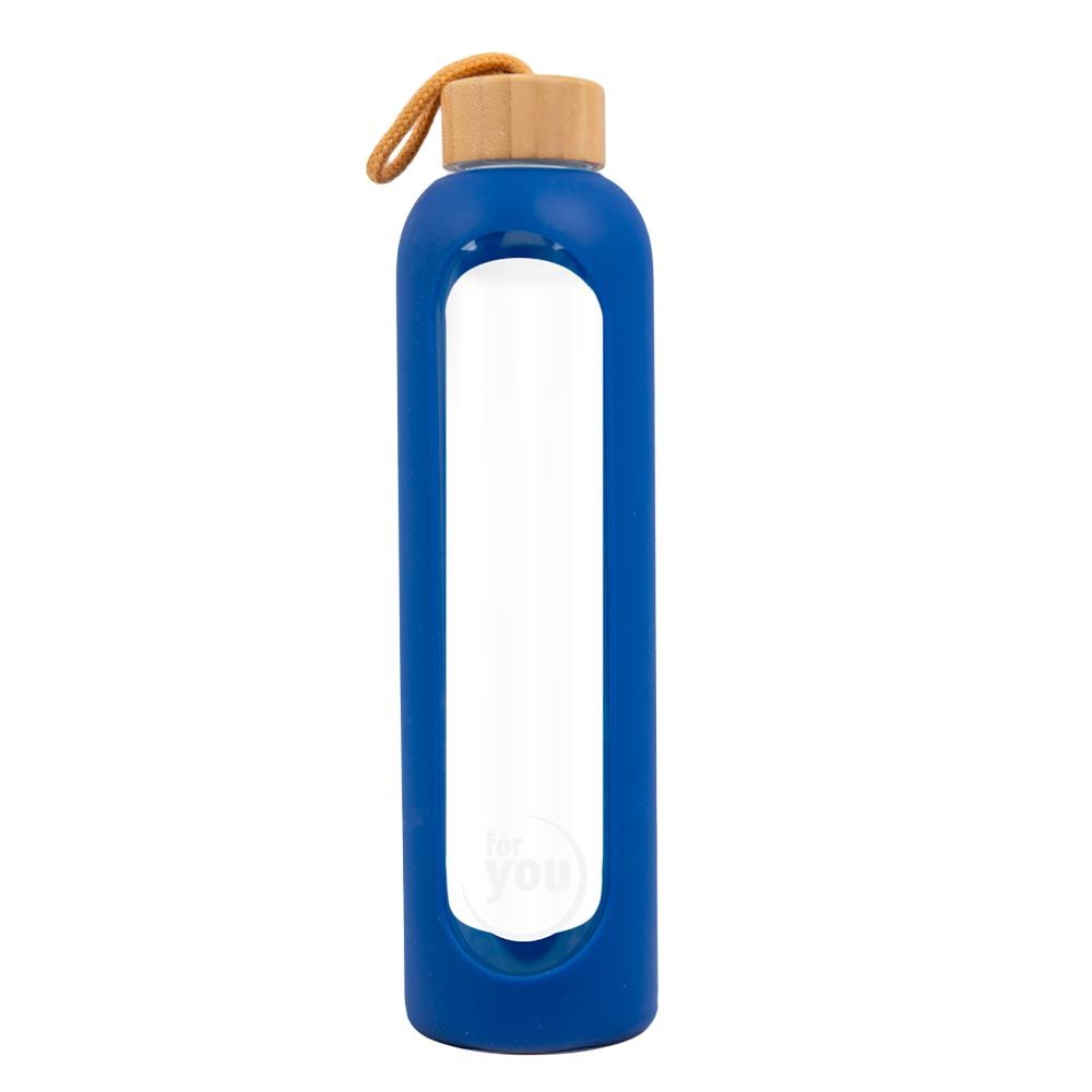 Blaue Glas-Trinkflasche mit Holzdeckel und Trageschlaufe. Enthält ein Sichtfenster.