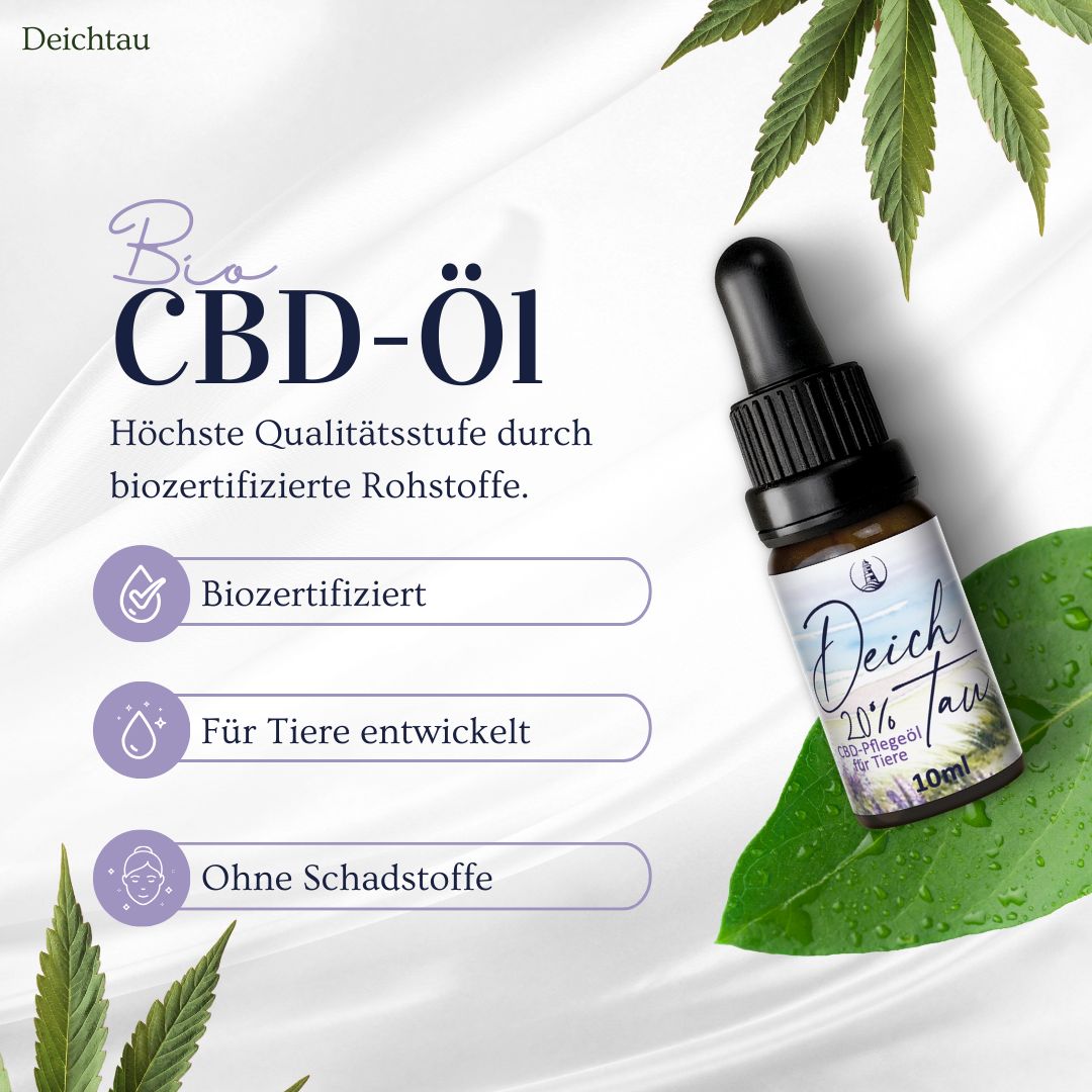 Deichtau Bio CBD Öl 20% für Tiere: Biozertifiziert, für Tiere entwickelt, ohne Schadstoffe.