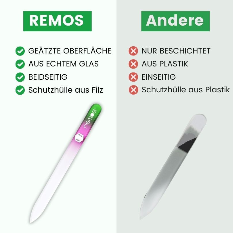 Vergleich zwischen REMOS Glasnagelfeile und einer anderen. REMOS: geätzte Oberfläche, Echtglas, beidseitig, Filzhülle.