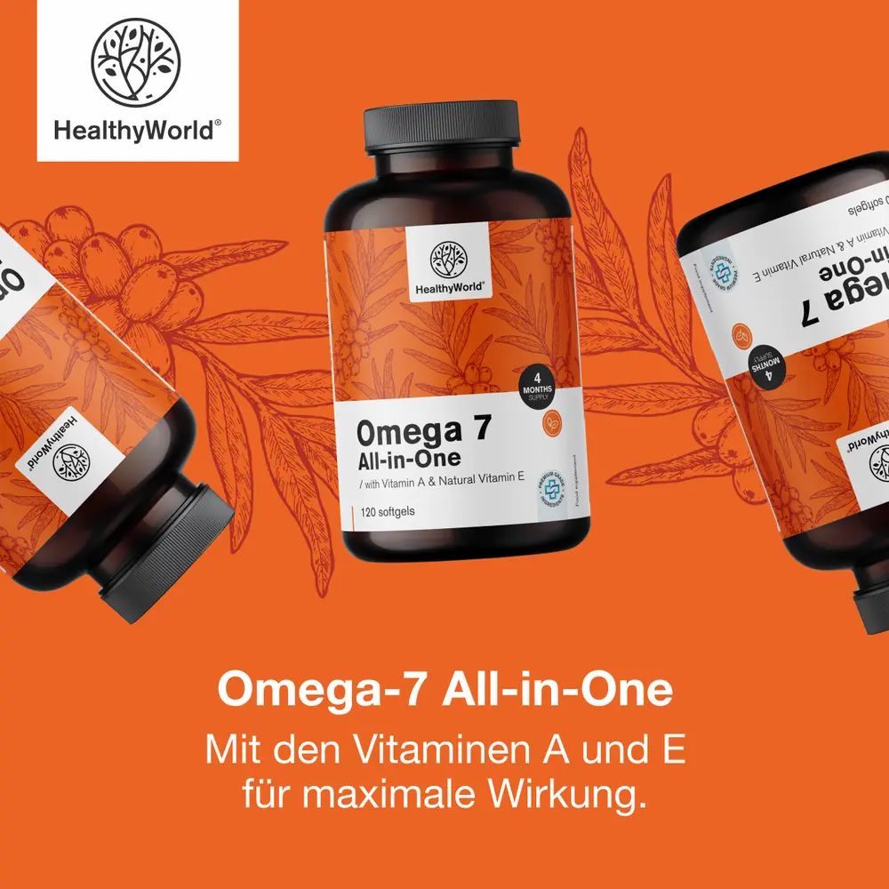 Flasche mit Omega-7-Kapseln, Sanddornbeeren und Text.
