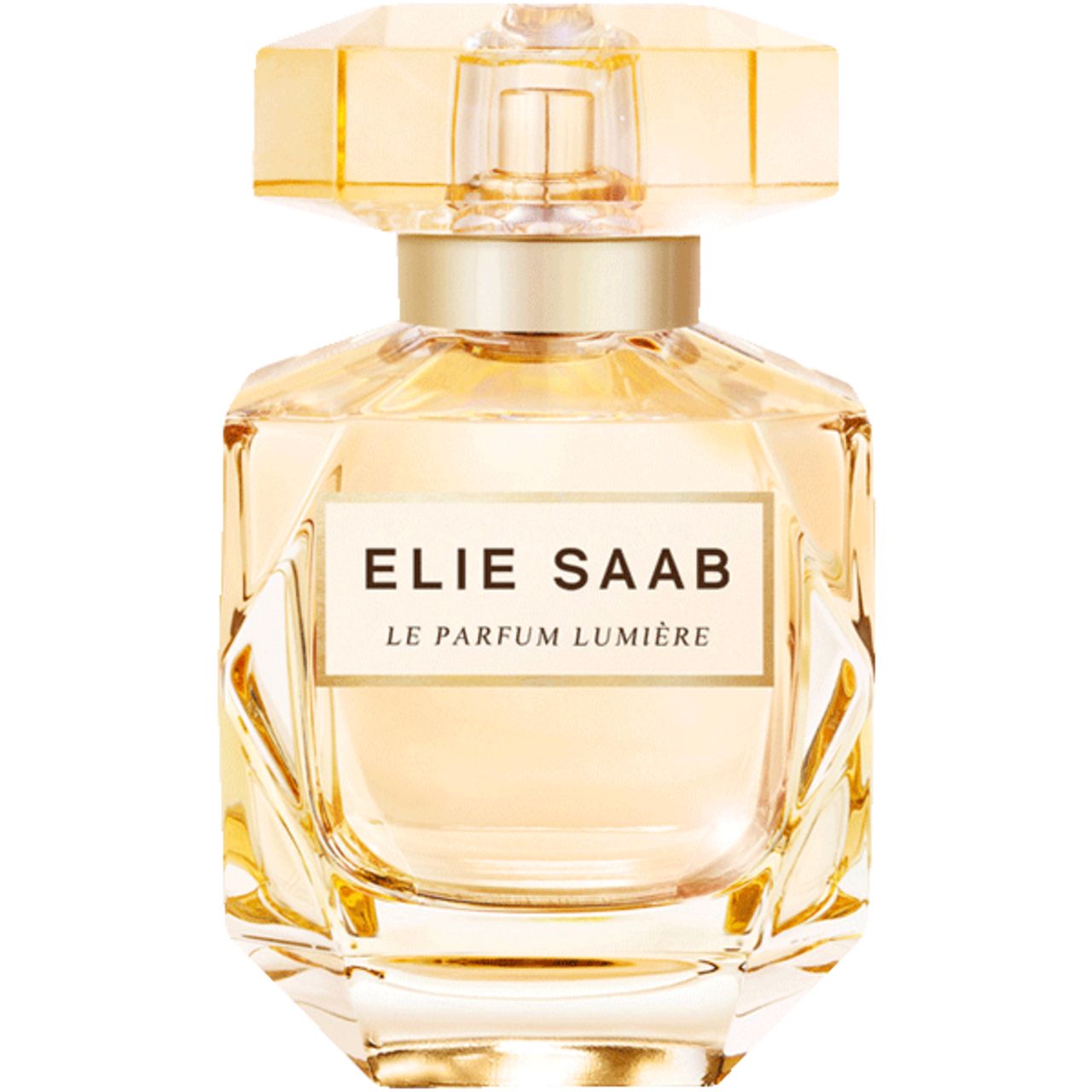 Elie Saab Le Parfum Lumière Parfümflakon mit goldenem Inhalt und facettiertem Verschluss.