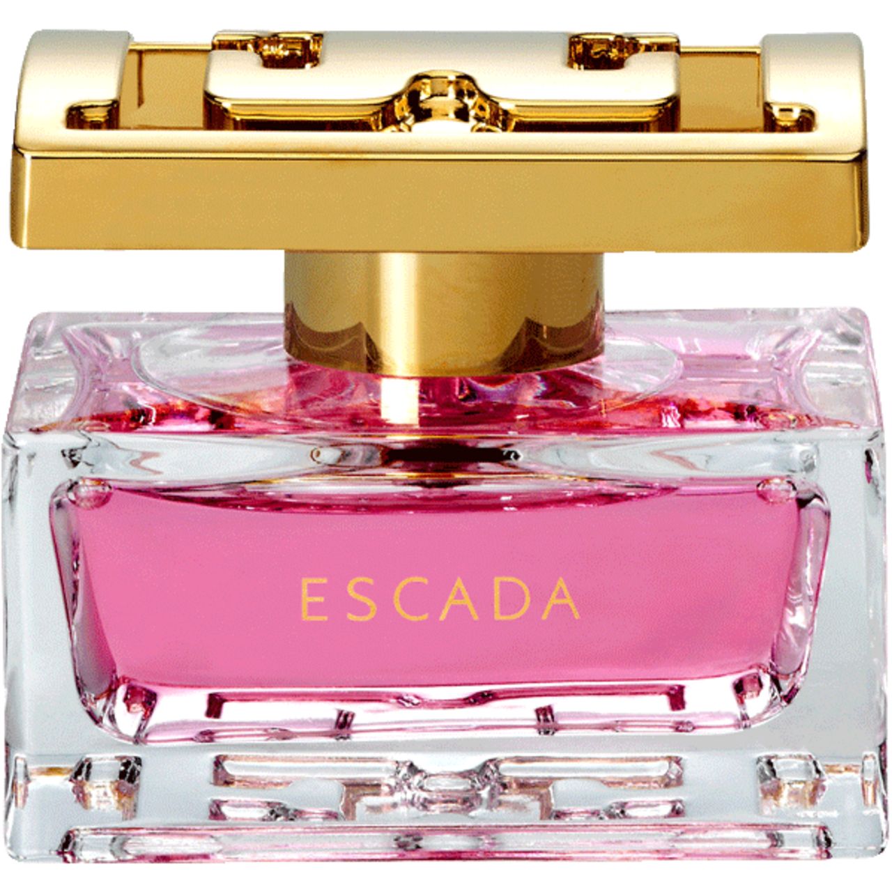 Flakon von Escada, Especially EdP Nat. Spray. Rechteckiger Flakon mit rosa Flüssigkeit und goldenem Verschluss. Schriftzug 'Escada'.