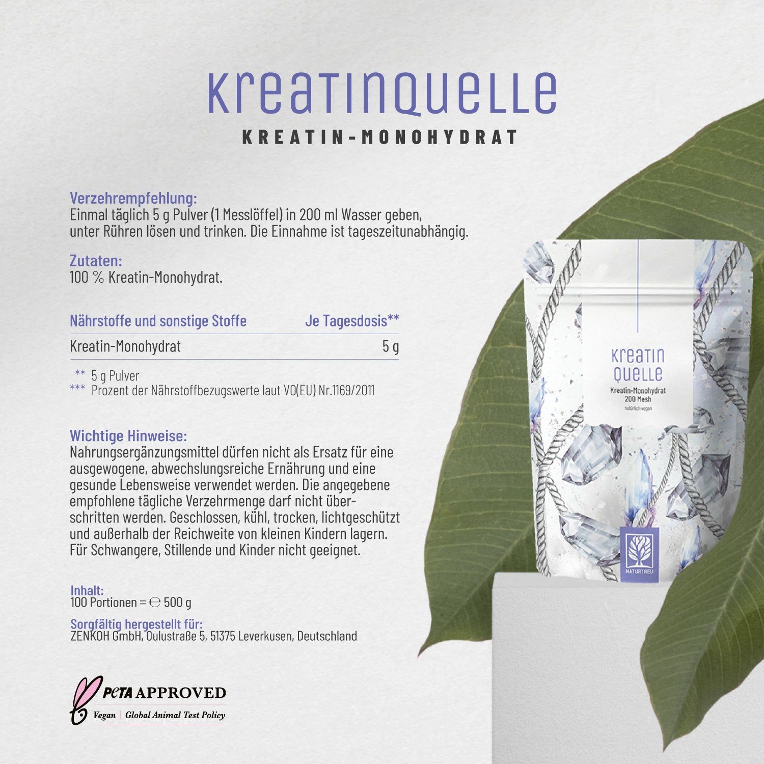 Beutel mit Kreatin-Monohydrat, Inhaltsstoffe und Verzehrempfehlung. PETA-Siegel.