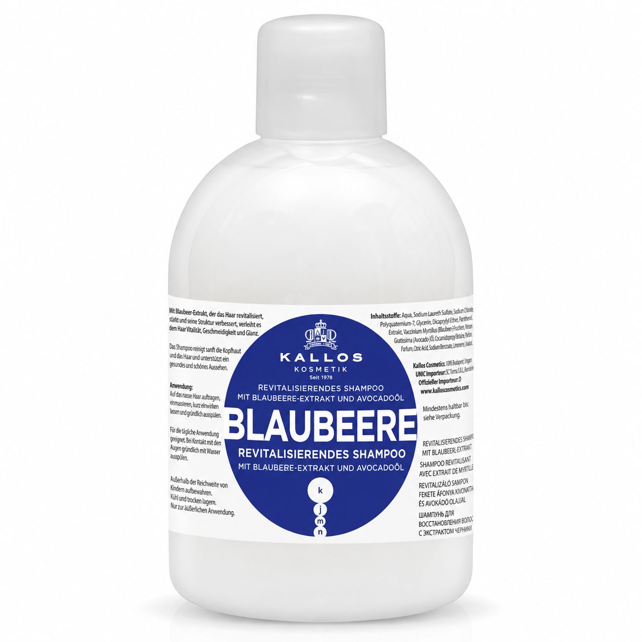 Flasche Kallos Blaubeere Revitalisierendes Shampoo. Mit Blaubeerextrakt und Avocadoöl.