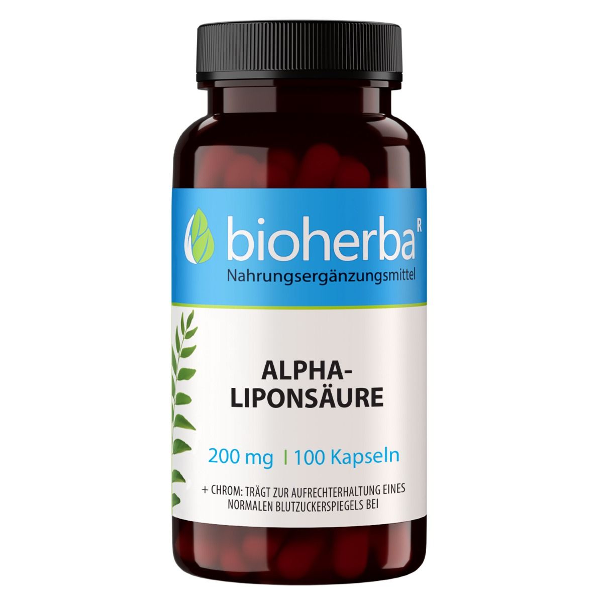 Braune Flasche mit schwarzen Deckel. Enthält Kapseln. Bioherba-Logo und Produktname Alpha-Liponsäure. 100 Kapseln.