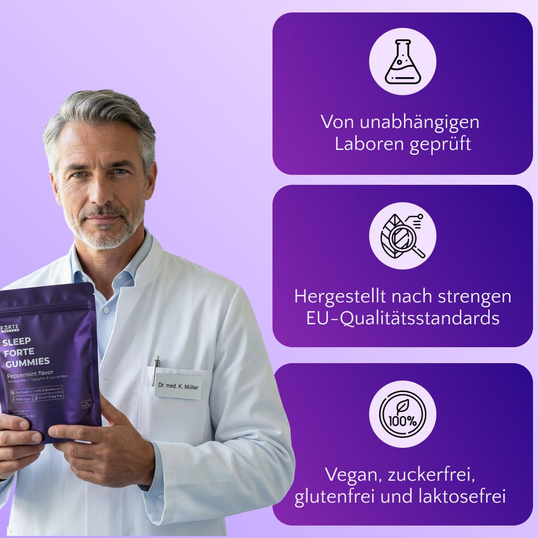 Mann im Arztkittel hält einen Beutel Forte Natura Schlaf Forte Gummies. Daneben Icons für Laborprüfung und EU-Qualitätsstandards.