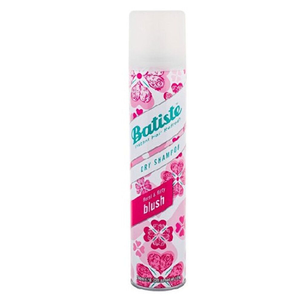 Rosa Spraydose mit weißem Deckel. Aufschrift: Batiste Trockenshampoo, Blush. Floral gemustert.