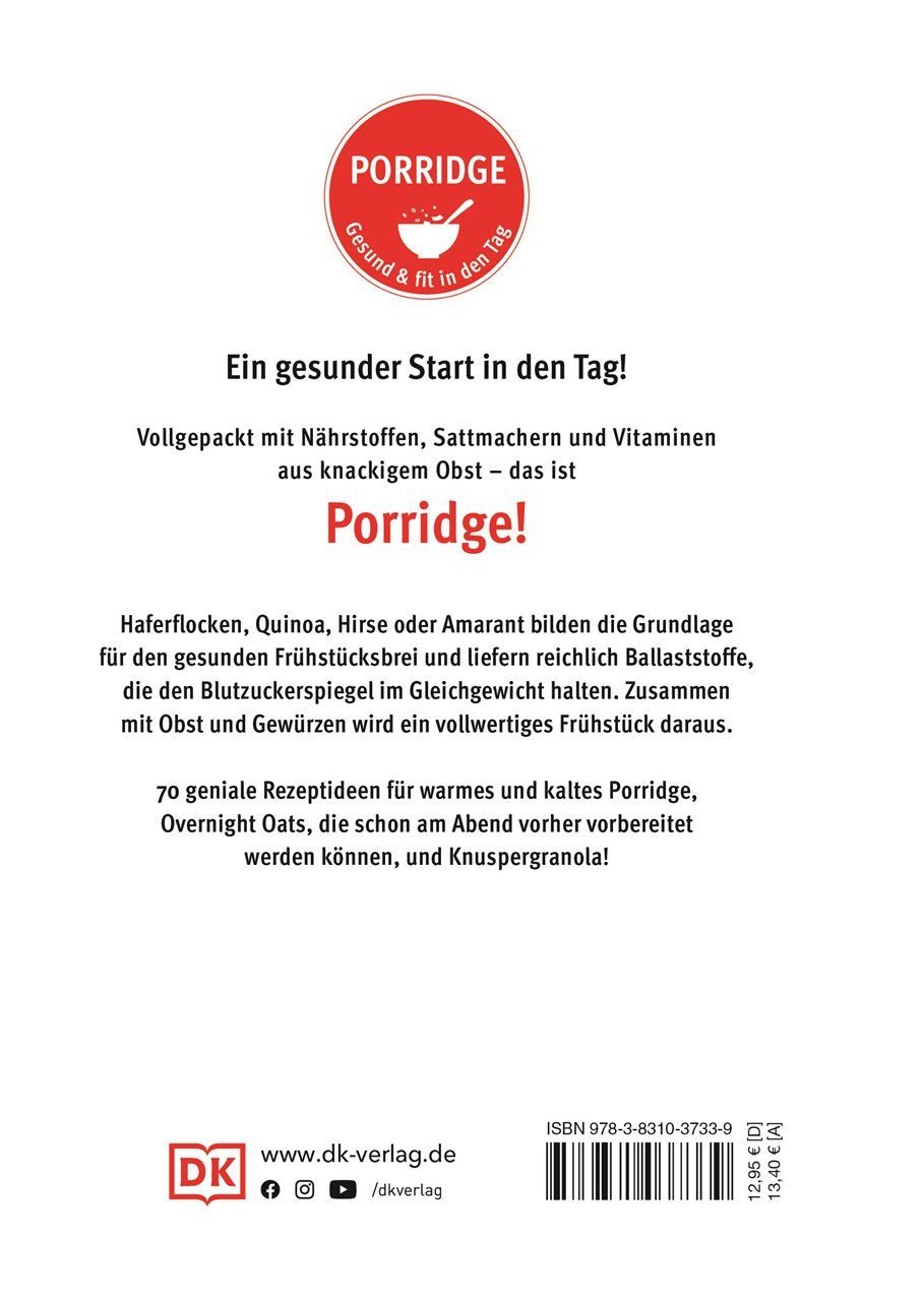 Rückseite des Buches "Porridge". Text mit Informationen über das Buch und Zutaten für Porridge.