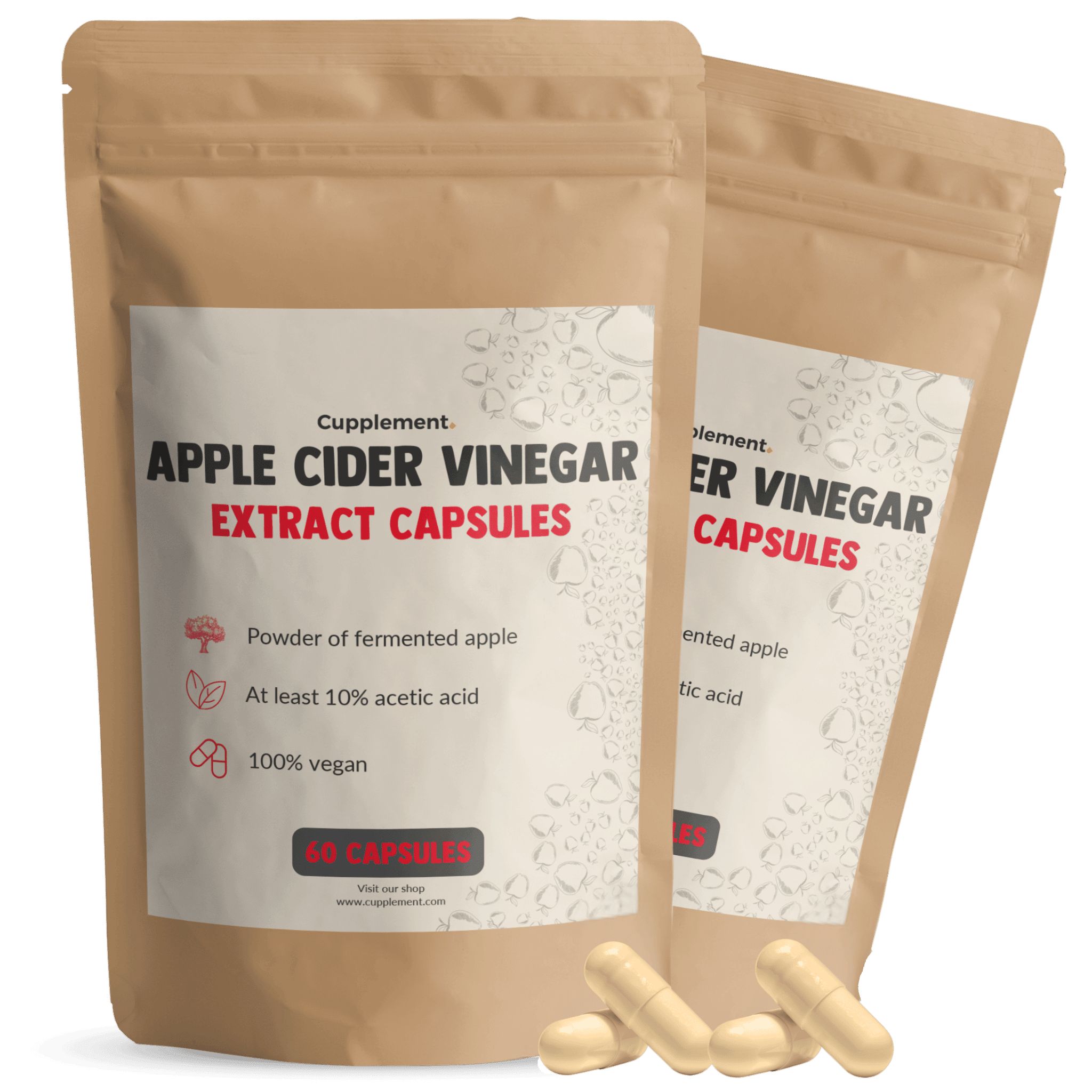 Zwei Beutel mit Apfelessig-Kapseln. Aufschrift: Apple Cider Vinegar Extract Capsules. Einige Kapseln liegen daneben.