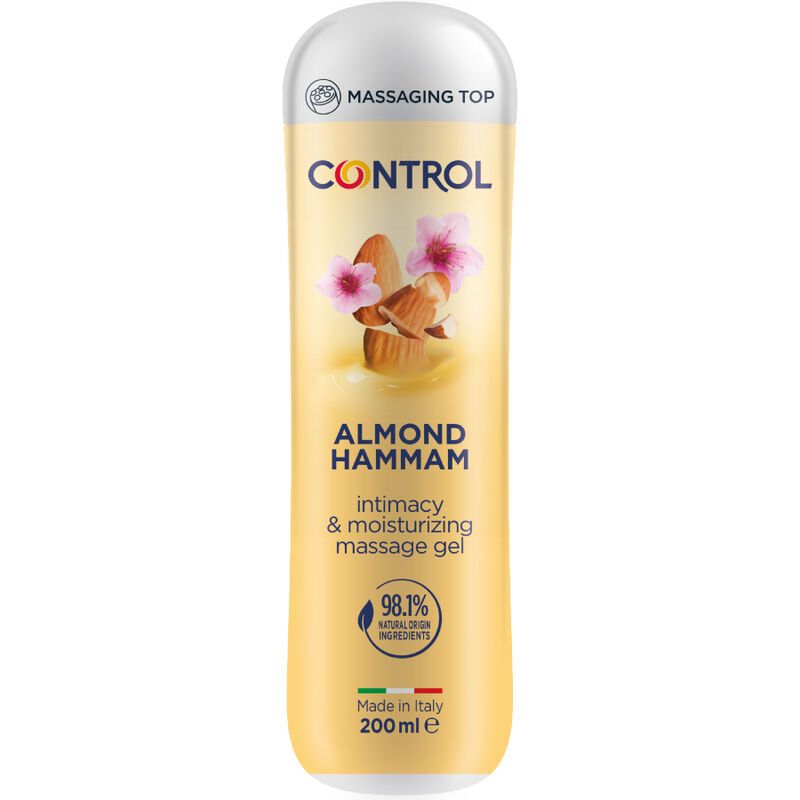 Control Almond Hammam Massagegel Flasche mit Mandeln und Blüten.