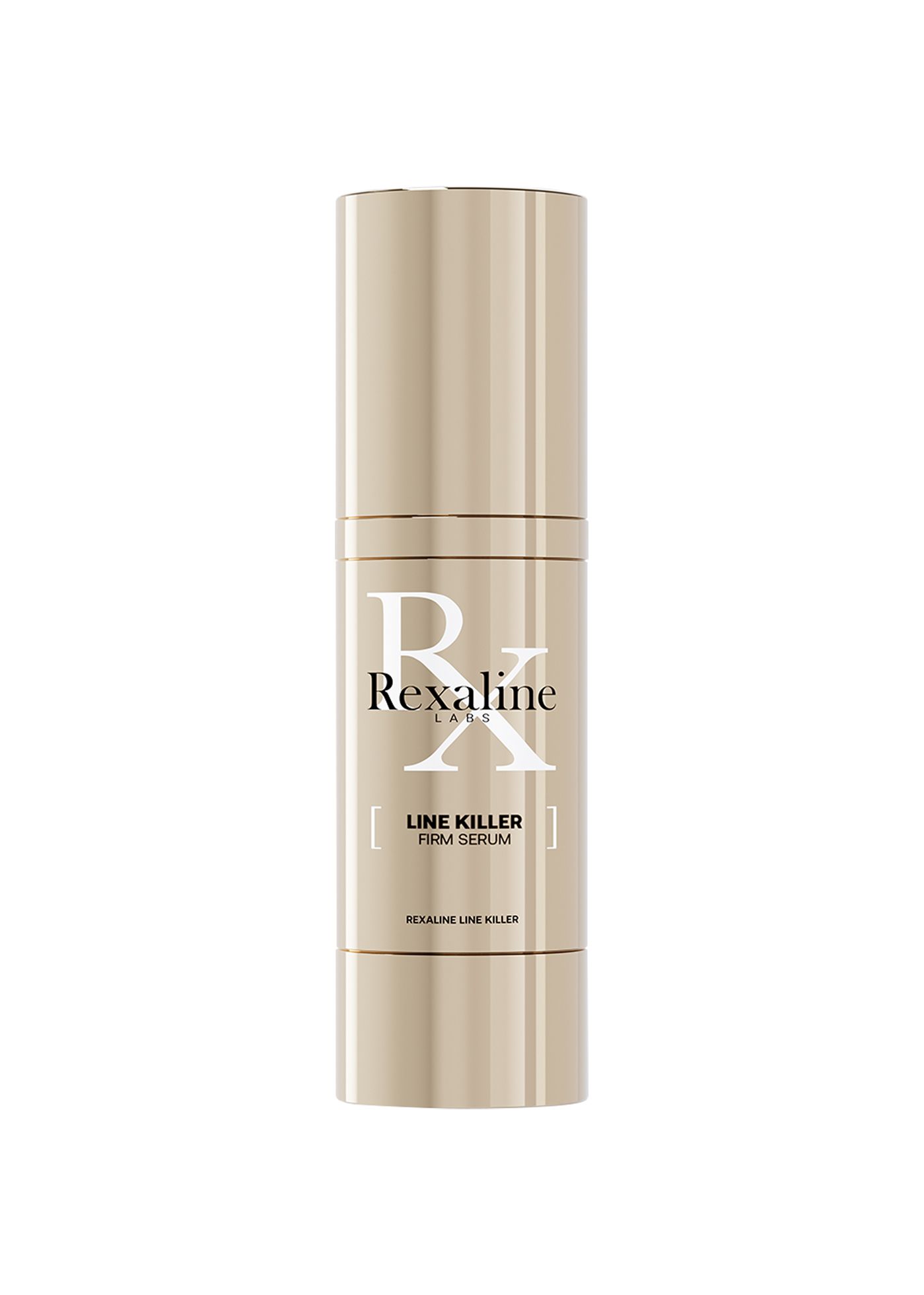 Goldfarbene Serumflasche mit weißem Schriftzug. Aufschrift: Rexaline Line Killer Firm Serum.
