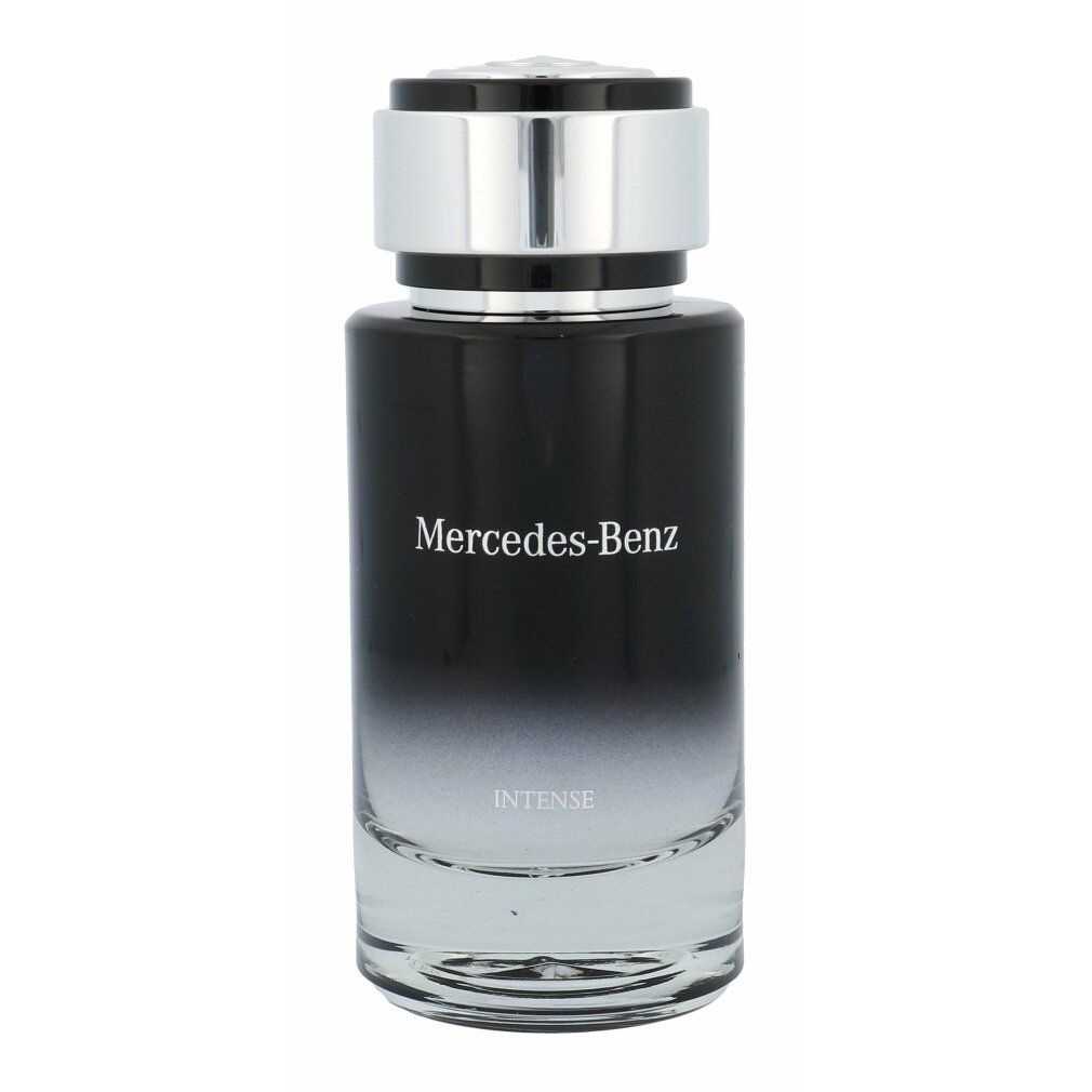 Glasflakon mit silbernem Verschluss. 'Mercedes-Benz Intense' Schriftzug. Farbverlauf von Schwarz nach Transparent.