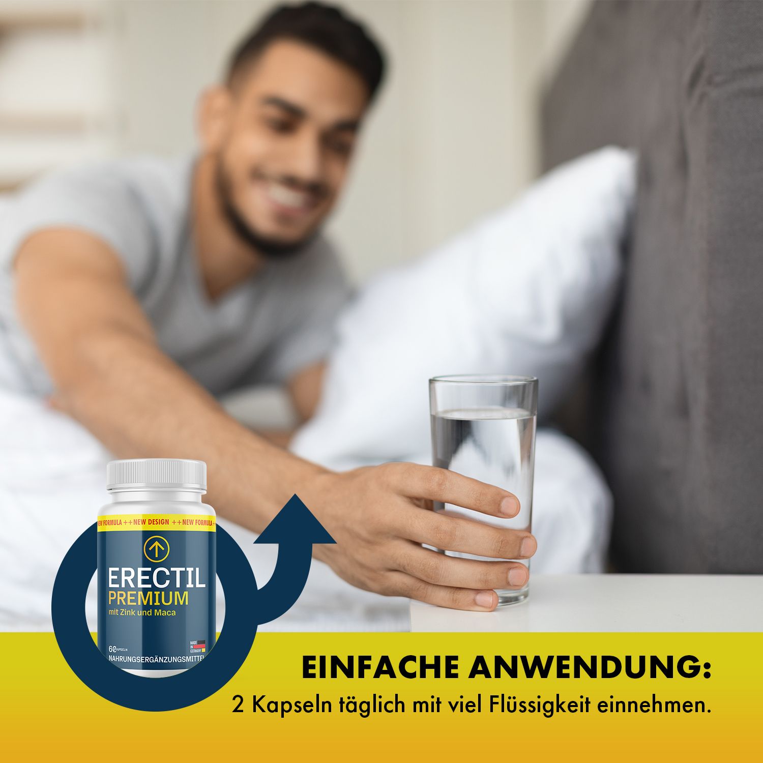 Mann trinkt Wasser, neben ihm Flasche ERECTIL PREMIUM. Aufschrift: 2 Kapseln täglich mit viel Flüssigkeit einnehmen. Blauer Pfeil.