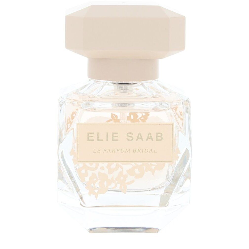 Glasflakon mit beigem Deckel. Aufschrift: Elie Saab, Le Parfum Bridal. Floral-Dekor auf dem Flakon.