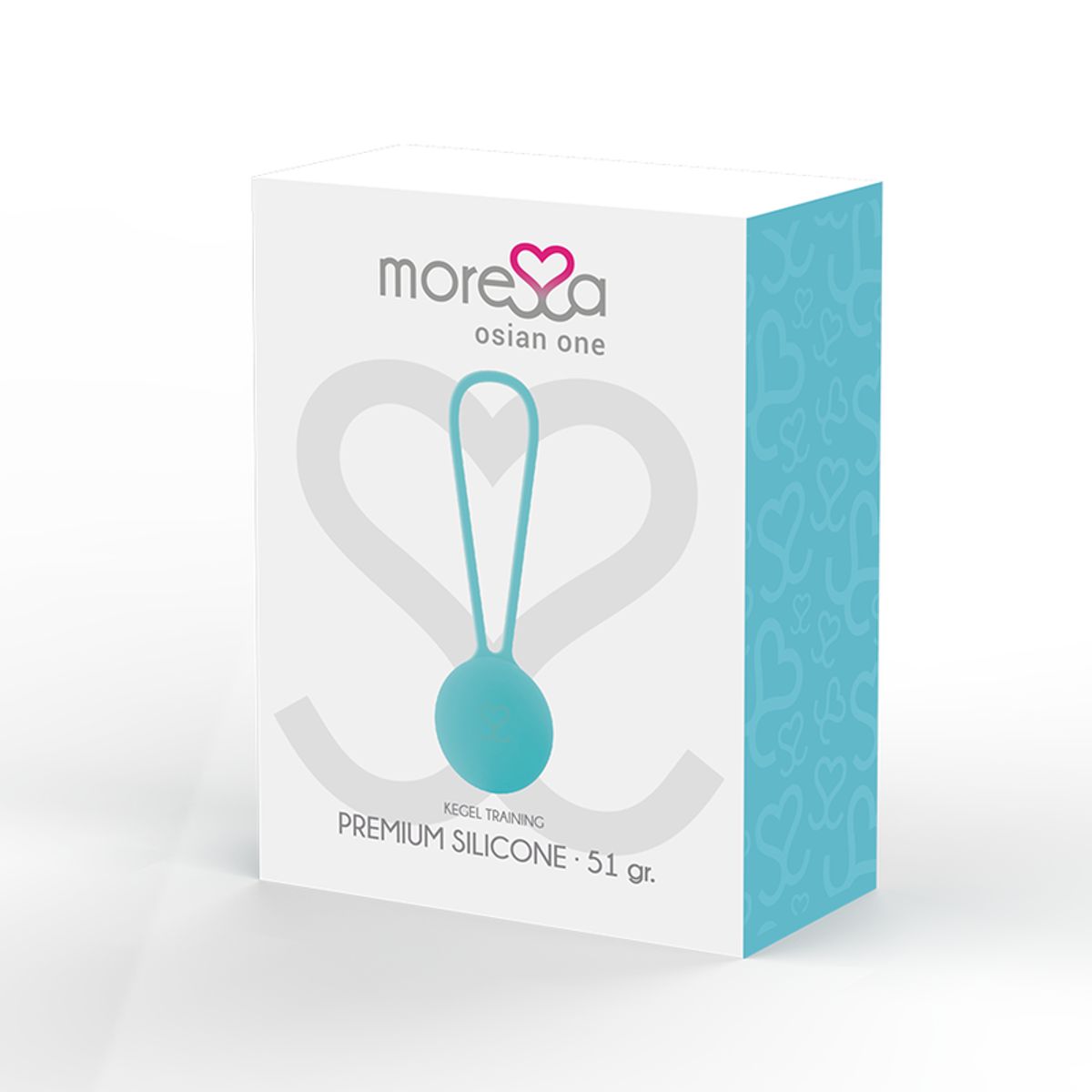Verpackung von Moressa osian one. Türkisfarbener Kegel-Trainer aus Silikon. Aufschrift: Premium Silicone, 51 gr.