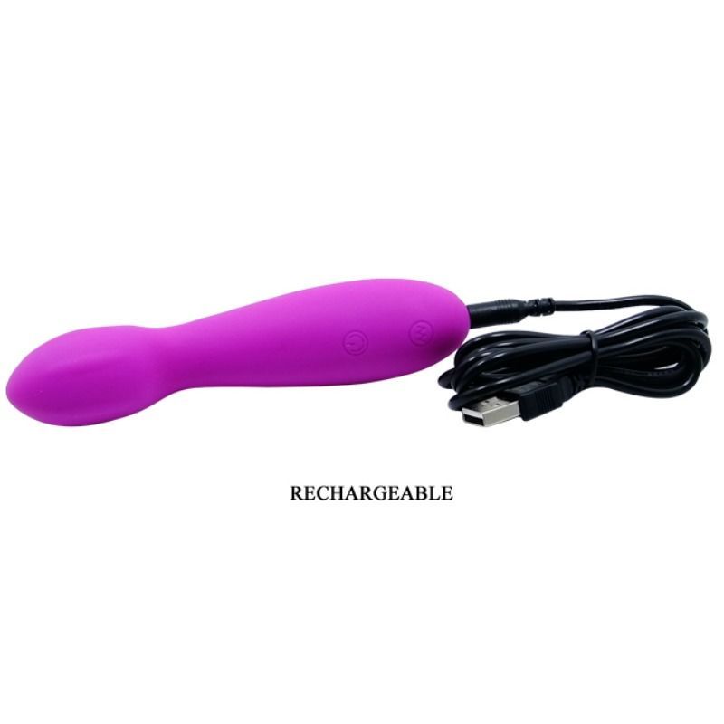 Lila Vibrator mit Ladekabel. Aufschrift: RECHARGEABLE.