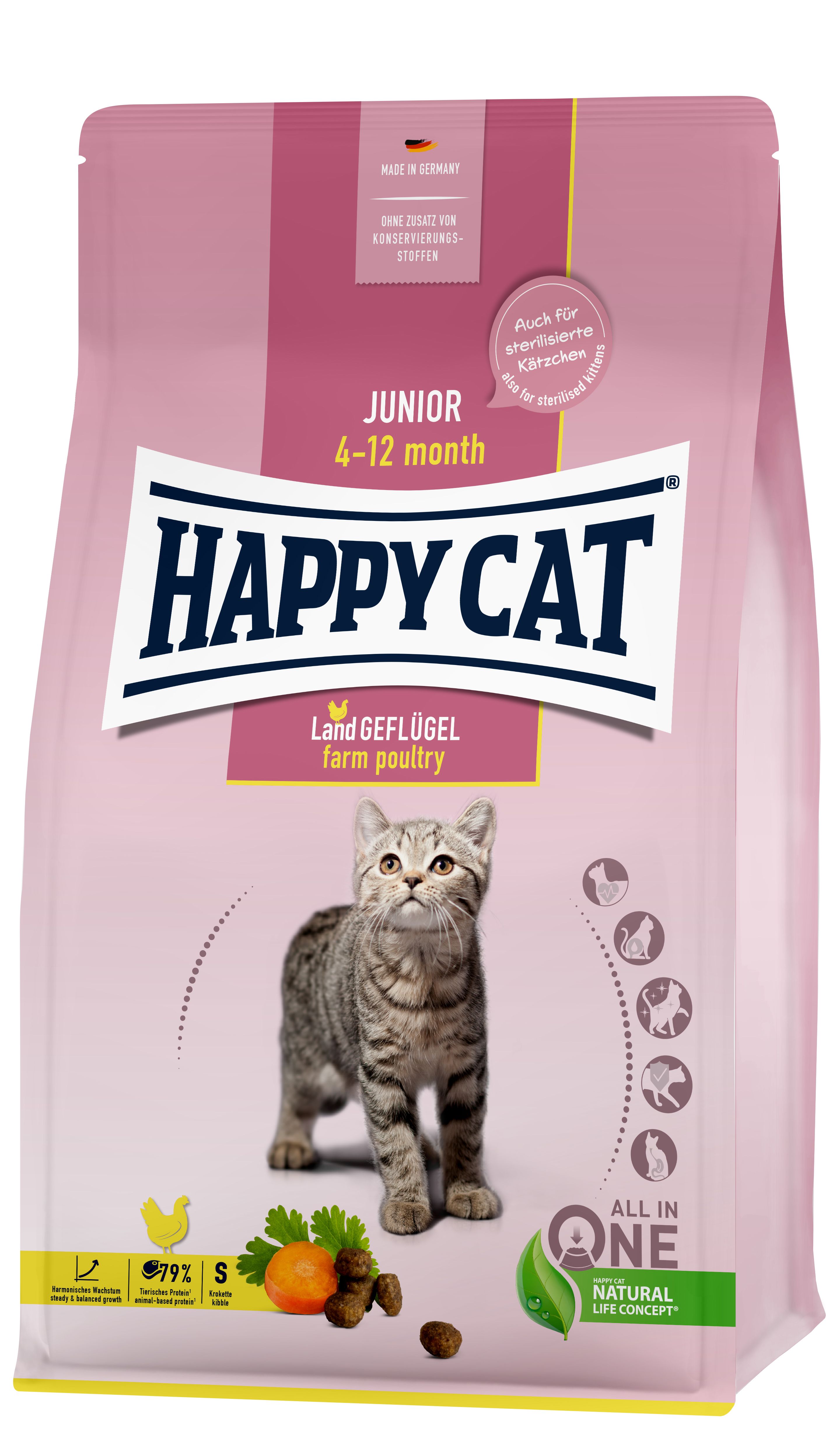 Rosa Verpackung mit Happy Cat Junior Katzenfutter. Abbildung einer Katze. Text: Land Geflügel, 4-12 Monate, auch für sterilisierte Katzen.