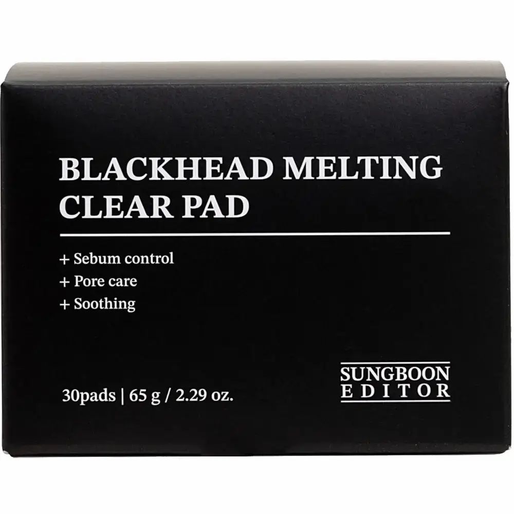 Schwarze Verpackung mit weißer Schrift. Aufschrift: Blackhead Melting Clear Pad. 30 Pads, 65 g / 2.29 oz. Marke: SUNGBOON EDITOR.