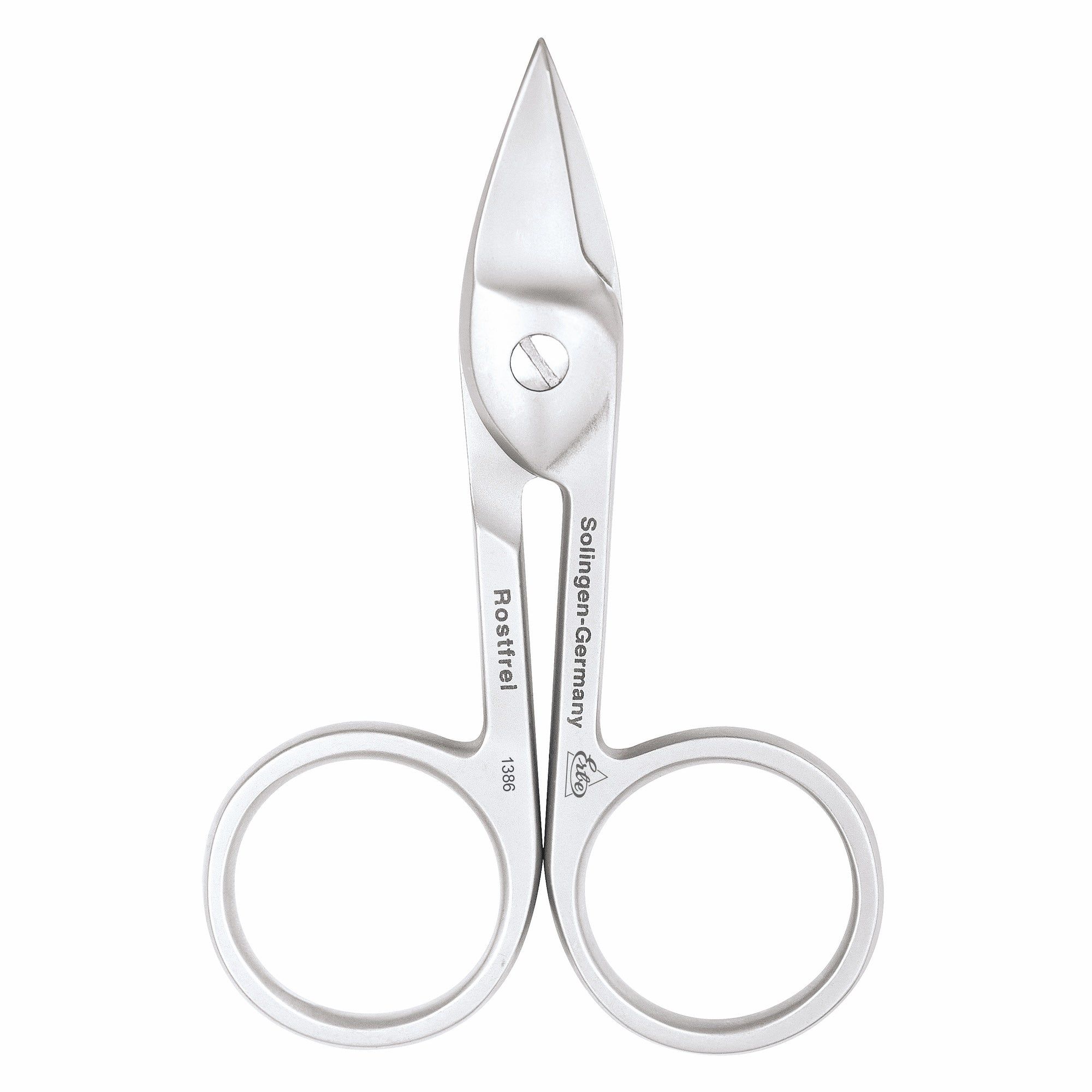 Nagelschere aus Edelstahl. Rostfrei, Solingen-Germany. Mit runden Griffen und spitz zulaufenden Schneiden. Aufschrift: Rostfrei 1386.