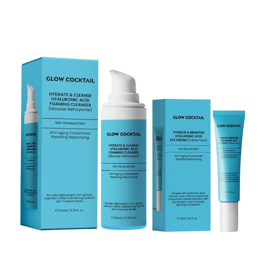 Drei blaue Produktverpackungen und zwei Produkte. Links: Reiniger-Box und -Flasche. Rechts: Augencreme-Box und -Tube. Text: Glow Cocktail, Hydrate & Cleanse.