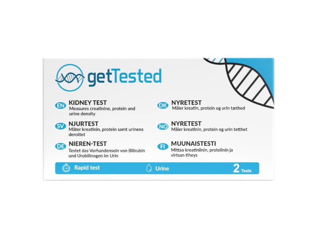 Verpackung von GetTested Nieren-Test. Enthält 2 Tests. Aufschrift: Nieren-Test, misst Kreatinin, Protein und Urindichte.