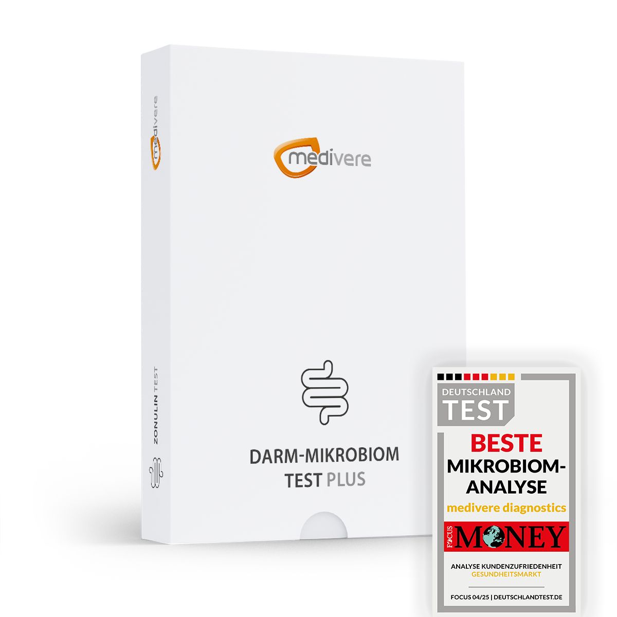 Weiße Produktverpackung mit Logo und Schriftzug "Darm-Mikrobiom Test Plus". Zertifikat "Beste Mikrobiom-Analyse" daneben.