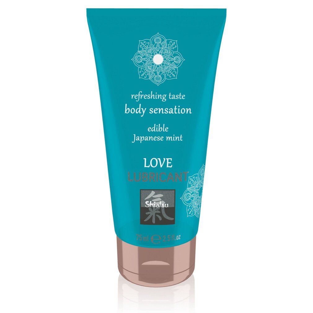 Türkisfarbene Tube mit Schriftzug "LOVE LUBRICANT". Enthält "edible Japanese mint". Marke Shiatsu. Rosafarbener Verschluss.