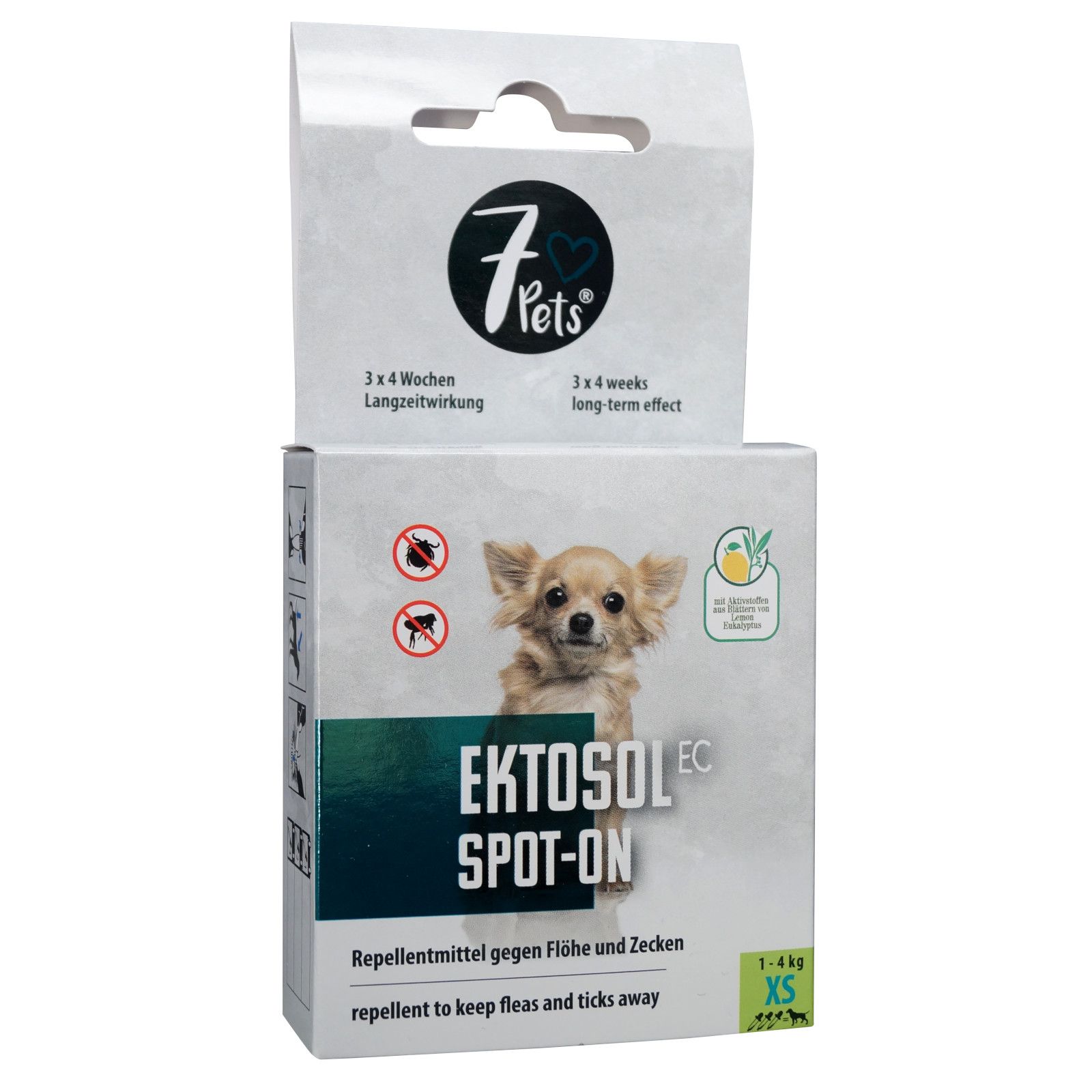 Verpackung von 7Pets Ektosol EC Spot-On. Enthält ein Bild eines Hundes, Text und Logos. Zeigt die Aufschrift "Repellentmittel gegen Flöhe und Zecken".