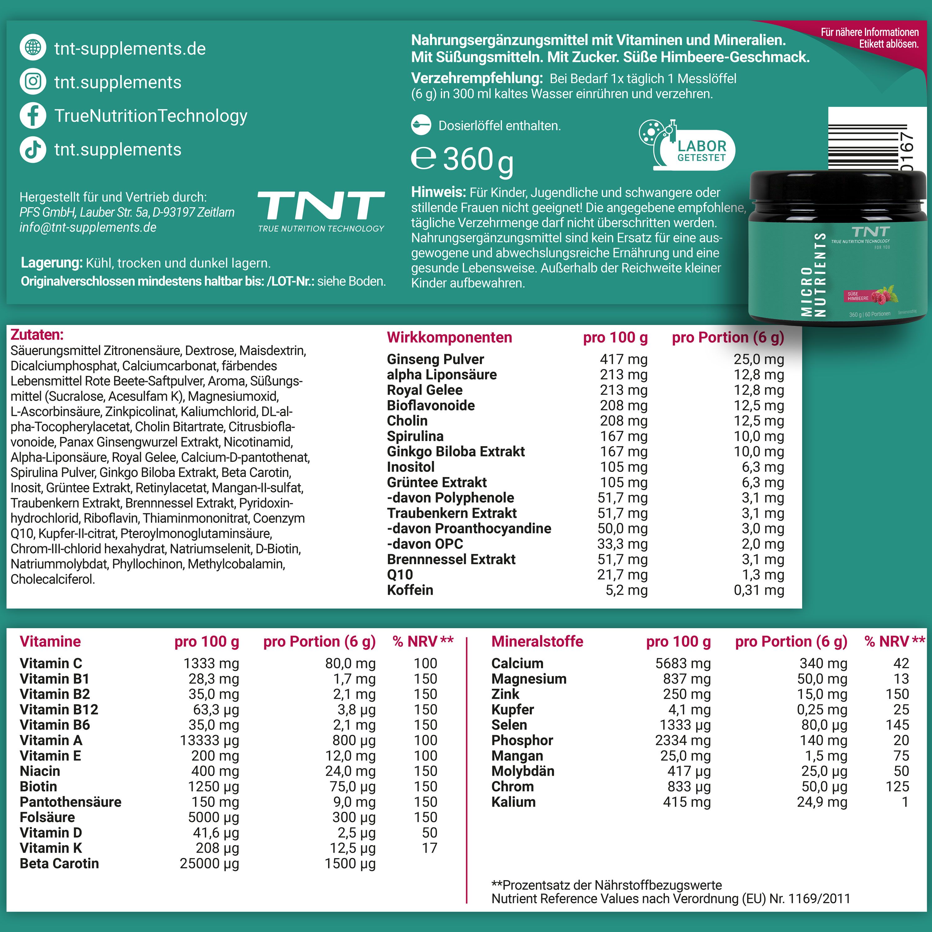 Nährwertangaben von TNT Micronutrients. Dose mit Produktnamen und Himbeer-Abbildung. Labor-Zertifizierung.