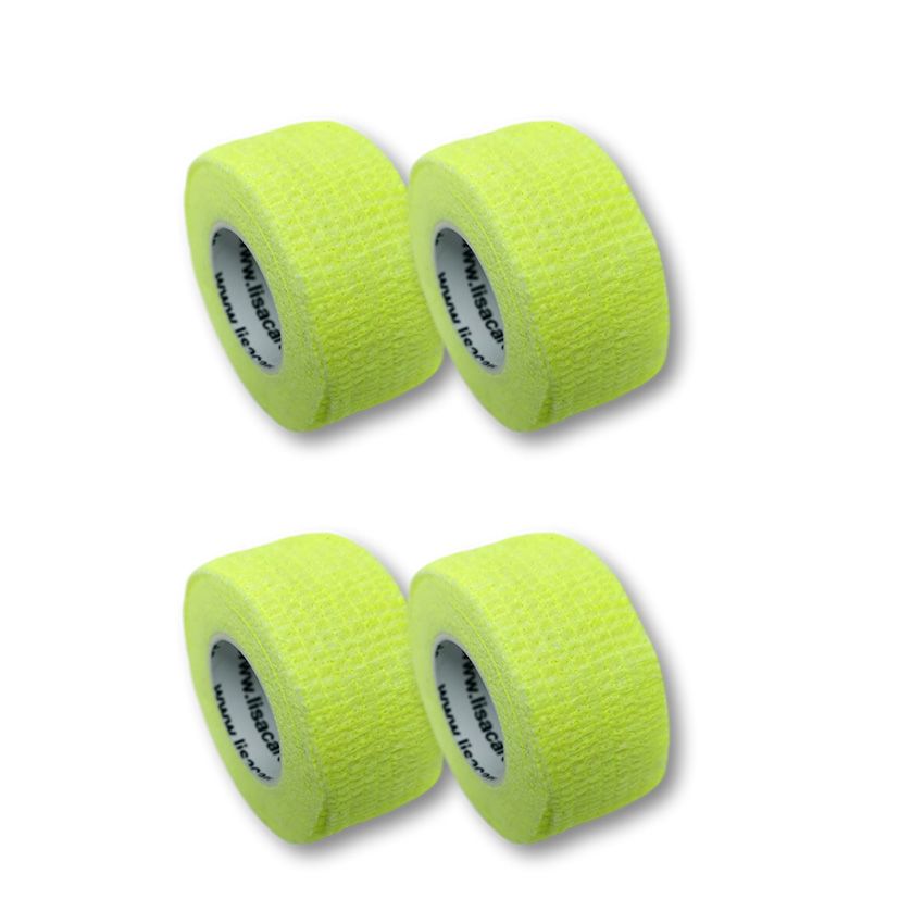 Vier Rollen LisaCare Fingerpflaster, neongelb. Produktansicht von oben.