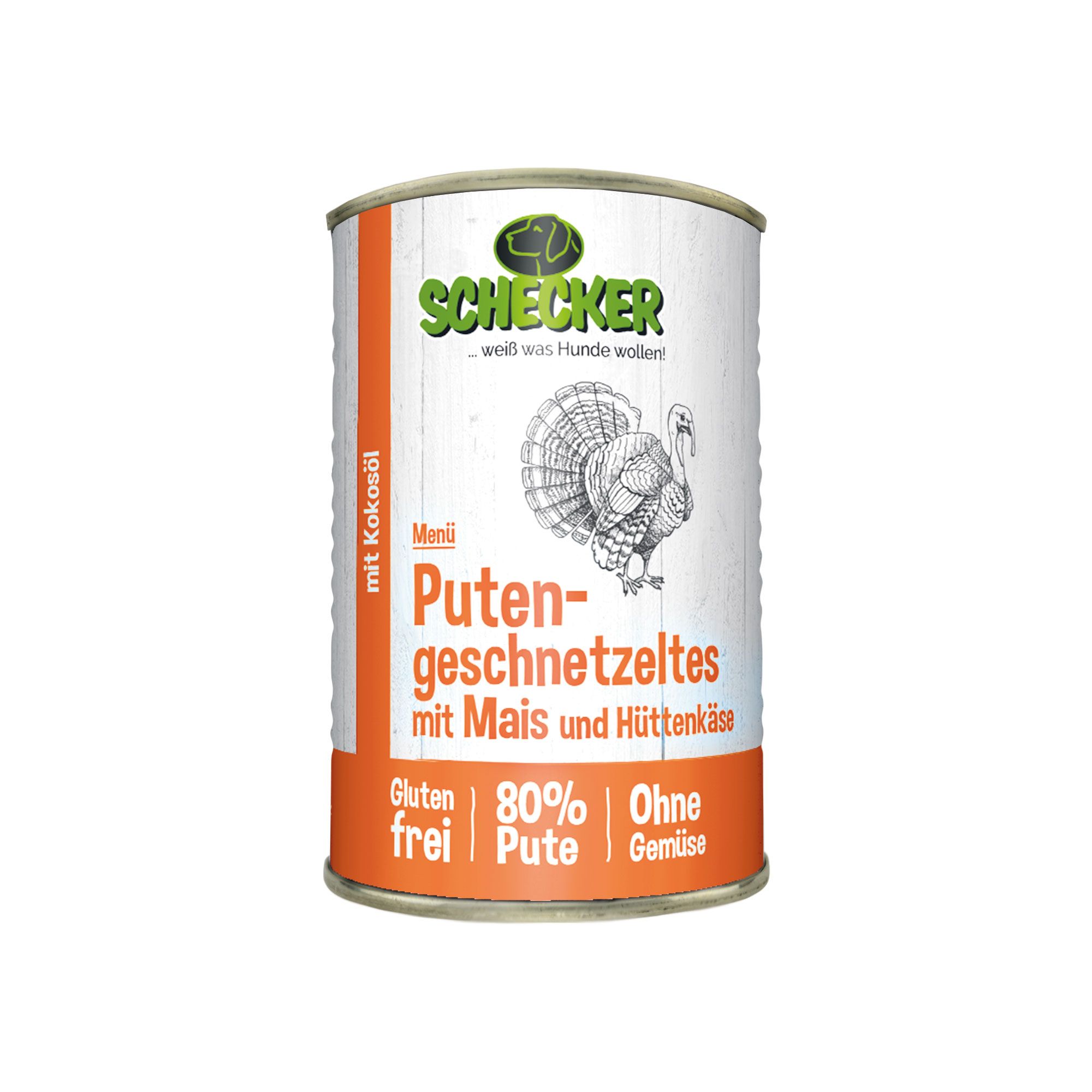 Schecker Hundemenü Nassfutter - Putengeschnetzeltes mit Mais, Hüttenkäse und Kokosöl