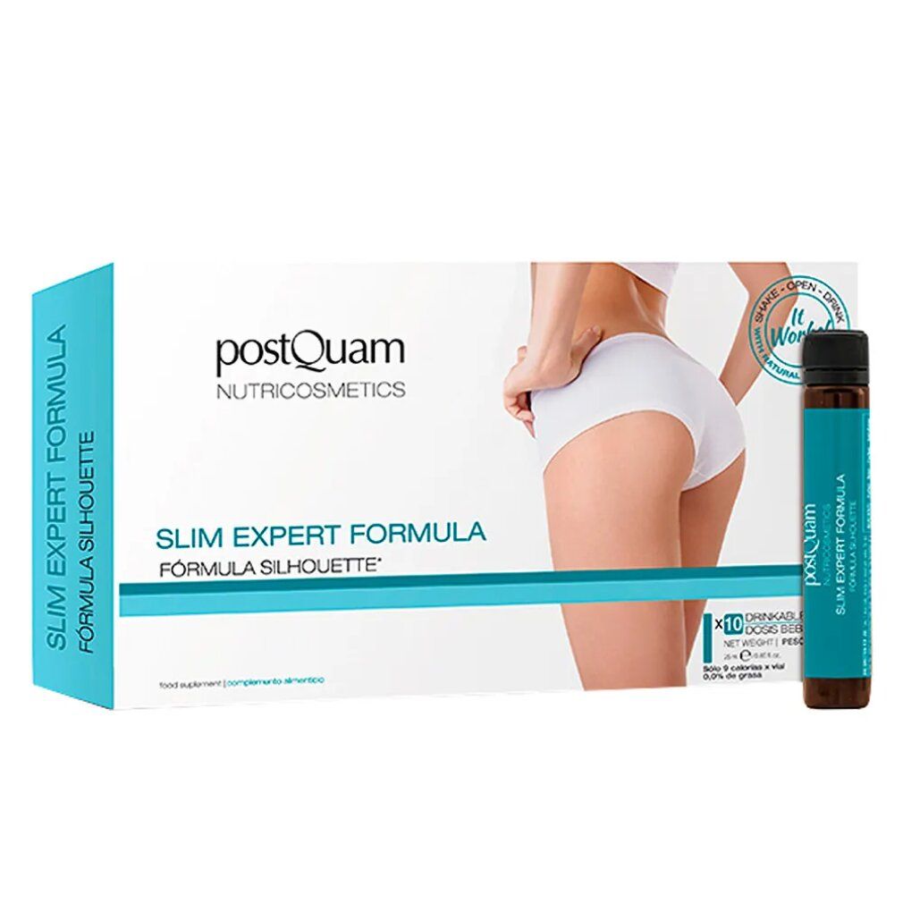 Verpackung von Postquam Slim Expert Formula Silhouette. Produktname, Logo und Abbildung einer Frau. Enthält 10 Trinkampullen. Aufdruck mit Produktinformationen.