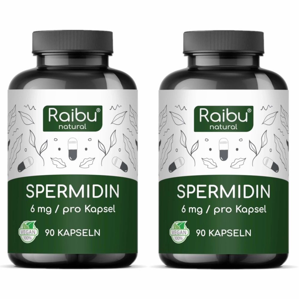 Zwei schwarze Flaschen mit grünen Etiketten. Aufschrift: Spermidin, 6 mg/Kapsel, 90 Kapseln. Marke: Raibu natural.