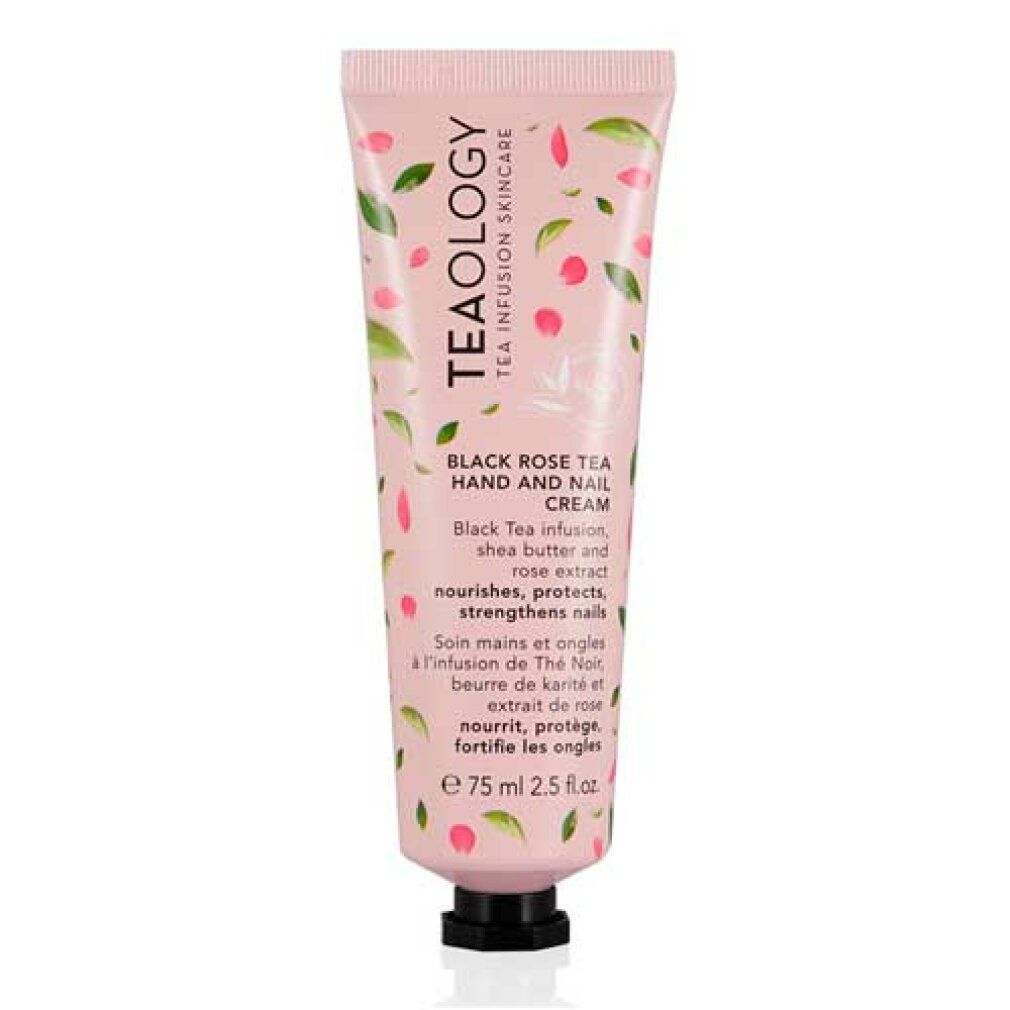 Rosa Tube mit floralem Muster. Text: Teaology, Black Rose Tea Hand and Nail Cream. Schwarzer Verschluss.