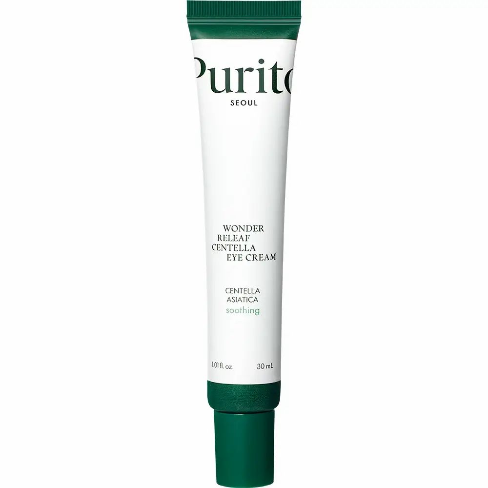 Weiße Tube mit grünem Deckel. Text: PURITO, Wonder Releaf Centella Eye Cream, Centella Asiatica, soothing. 30 ml.