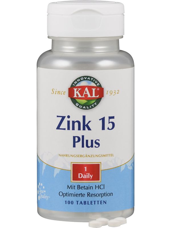 Zink 15 Plus Tablettenflasche. Marke: KAL. Aufschrift: 100 Tabletten. Mit Betain HCl. Nahrungsergänzungsmittel.