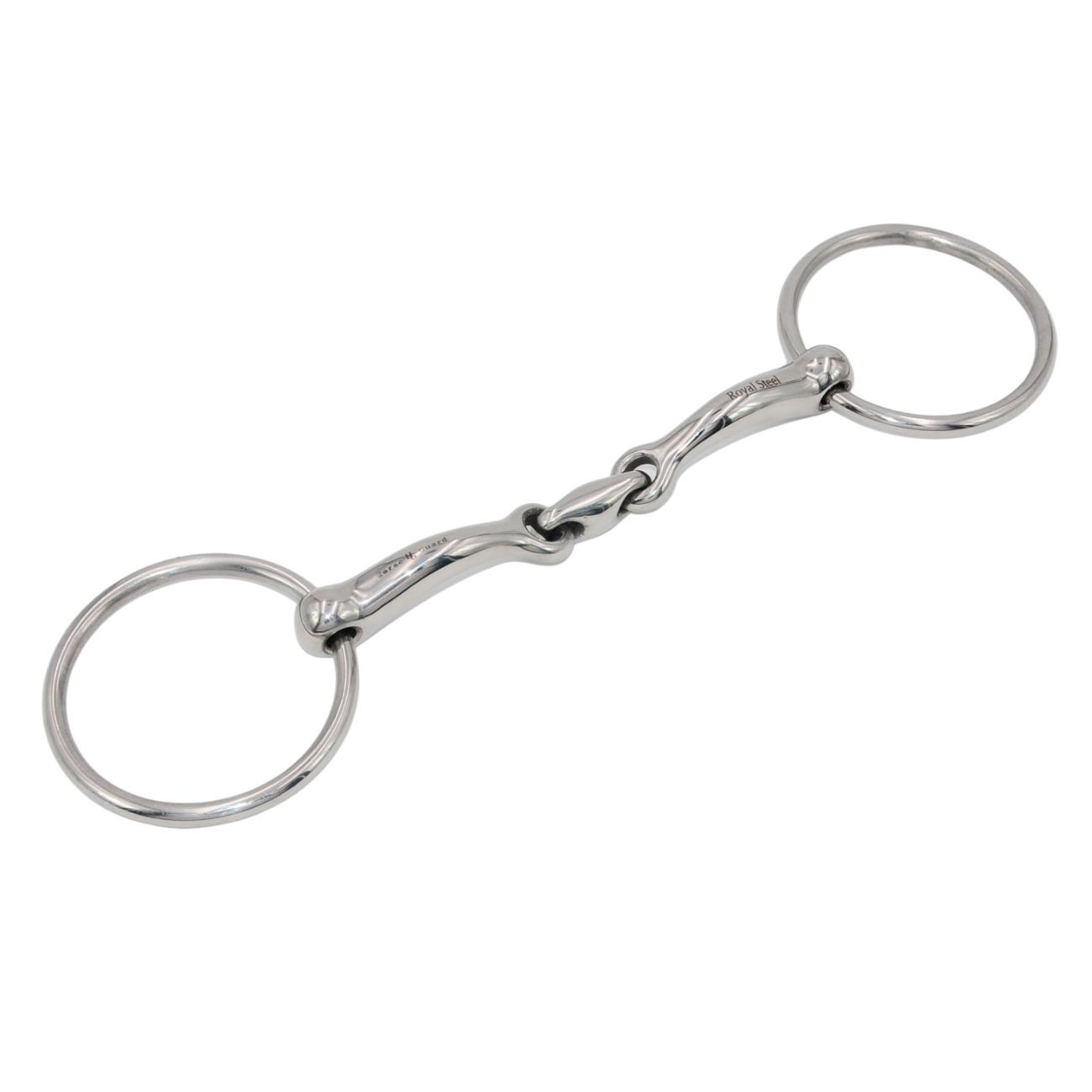 Gebiss mit zwei Ringen und einem gebogenen Mundstück aus Metall. Das Mundstück ist anatomisch geformt.