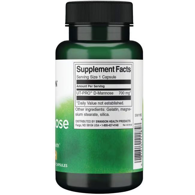 Rückseite einer grünen Flasche mit schwarzem Deckel. Etikett mit Nährwertangaben und "UT-PRO D-Mannose 700 mg".
