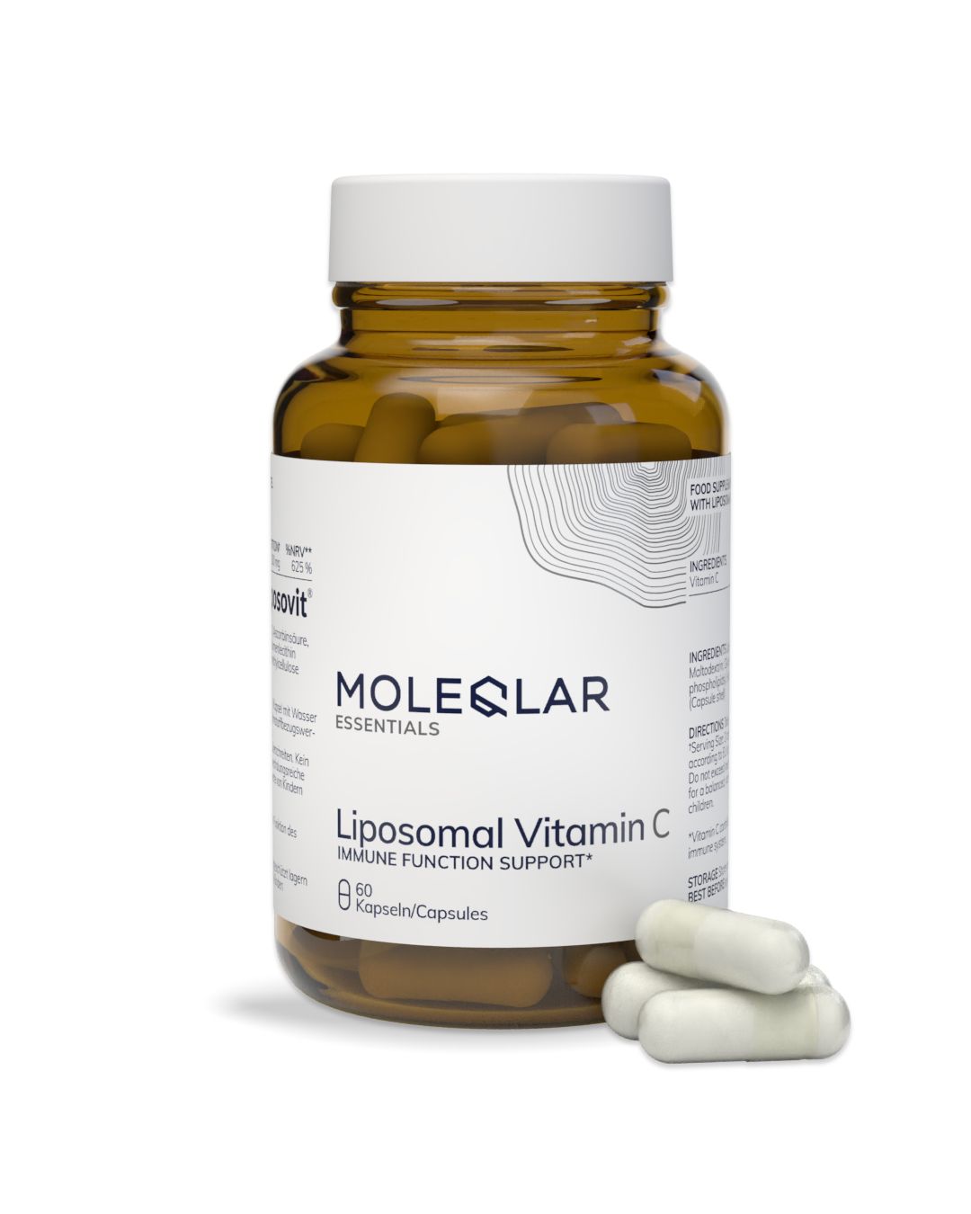 Braune Glasflasche mit 60 Kapseln Liposomal Vitamin C für Immununterstützung.