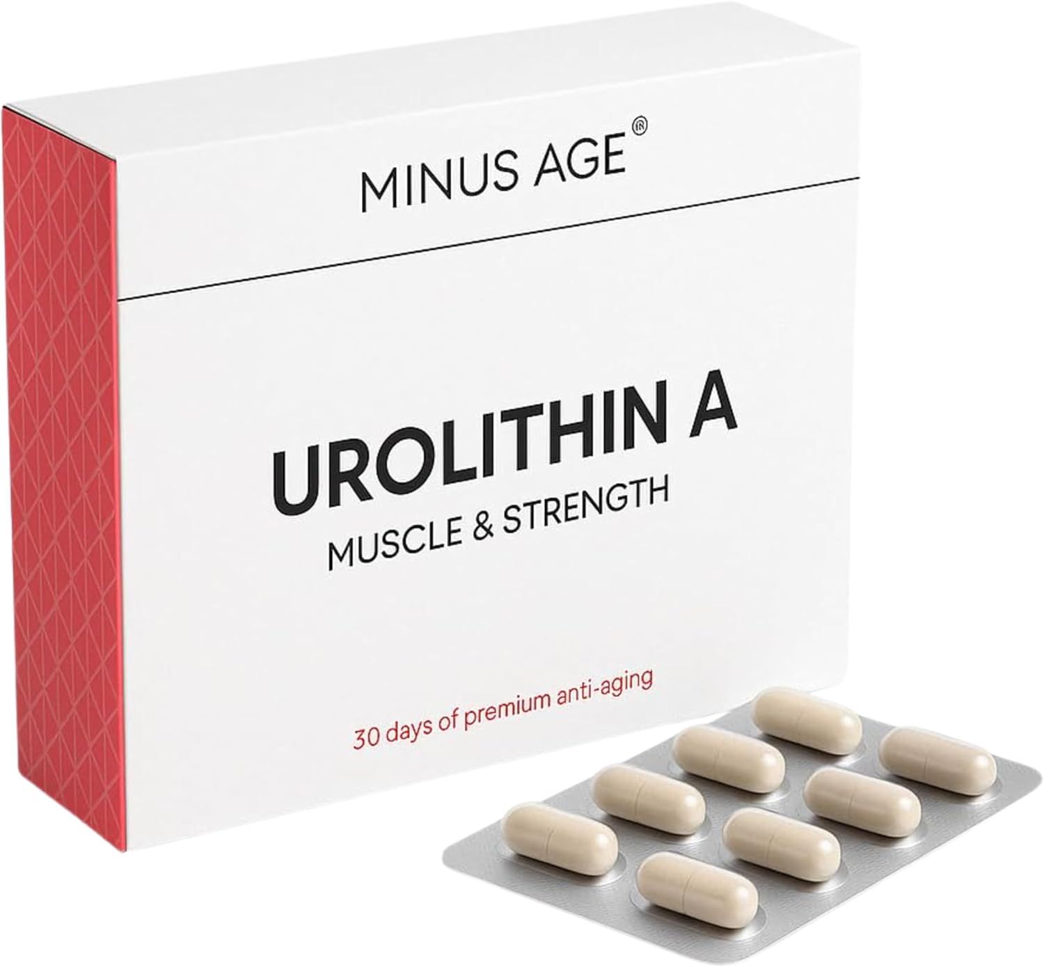 Weißer Karton mit roter Seite. Aufschrift: Urolithin A, Muscle & Strength. Blisterpackung mit Kapseln. 30 Tage premium Anti-Aging.