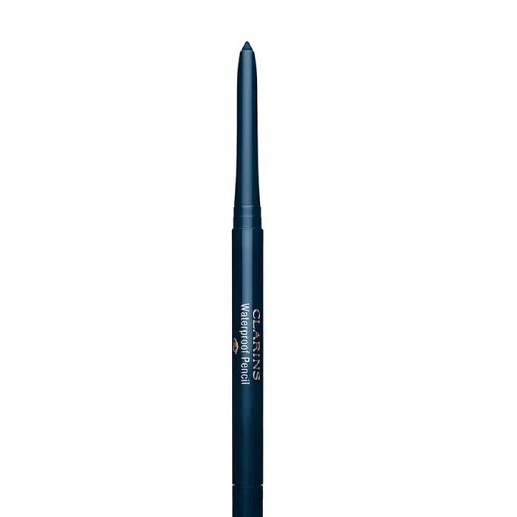 Blauer Augenstift, CLARINS Waterproof Pencil. Aufschrift. Weißer Hintergrund.
