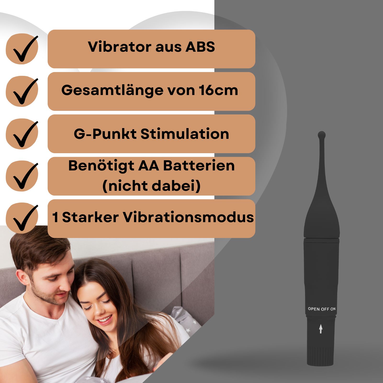 Wellness-Produkt neben Text: Vibrator aus ABS, 16cm, G-Punkt Stimulation, AA Batterien, 1 Vibrationsmodus. Paar im Hintergrund.