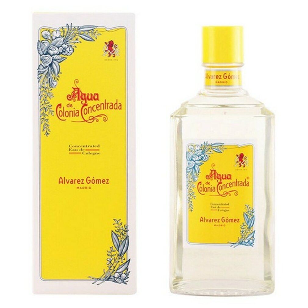 Glasflasche mit gelbem Verschluss und Umverpackung, Alvarez Gómez Agua de Colonia Concentrada.