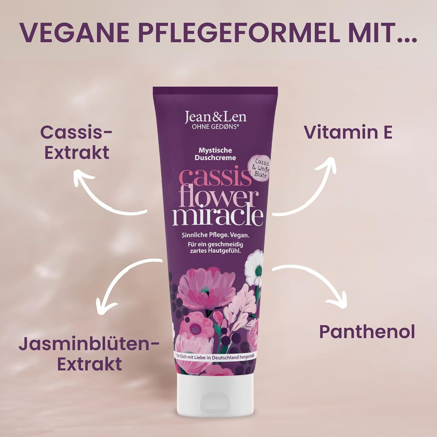 Lila Tube mit Produktinformationen. Text: Vegane Pflegeformel mit... Cassis-Extrakt, Jasminblüten-Extrakt, Vitamin E, Panthenol.