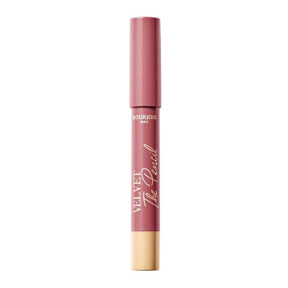Lippenstiftstift in Rosa. Aufschrift: Bourjois Paris, Velvet The Pencil. Unterteil goldfarben.