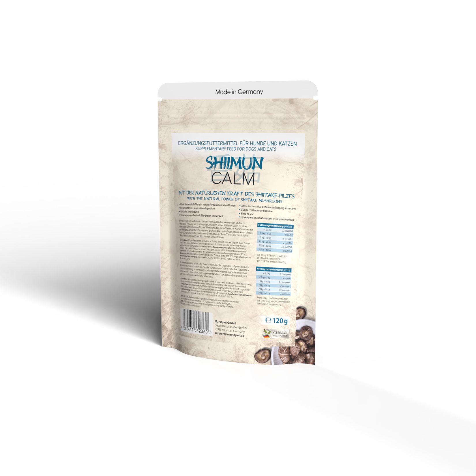 Rückseite eines Beutels Shiimun Calm Pulver. Text und Informationen auf weißem Hintergrund. Made in Germany.