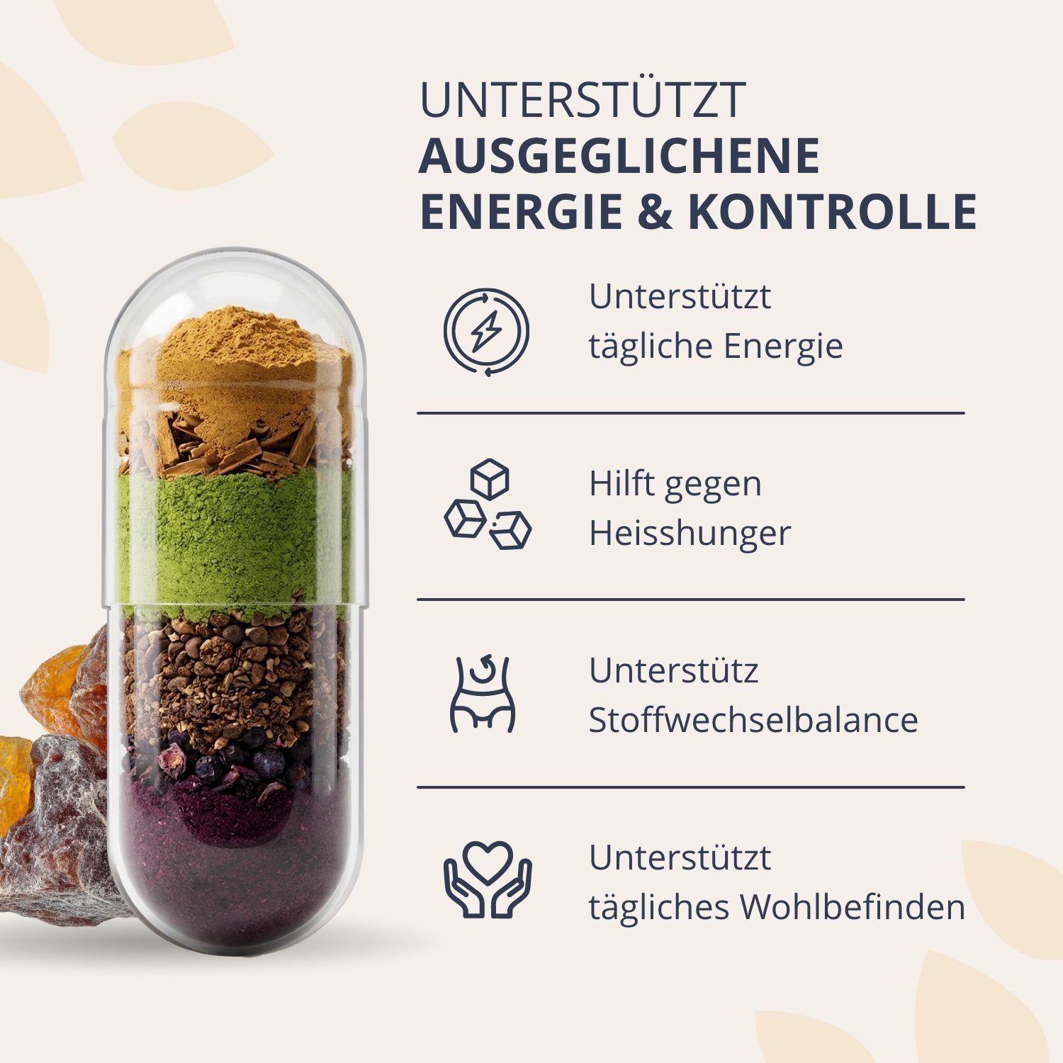 Transparente Kapsel mit Schichten von Extrakten, die Energie und Stoffwechsel unterstützen.