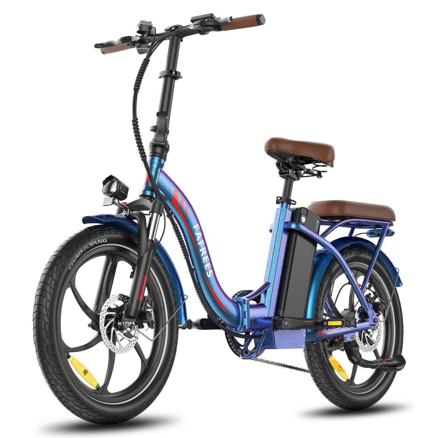 Faltbares E-Bike, blau-violett. Brauner Sattel und Gepäckträger. Schwarze Reifen und Felgen. Marke FAFREES.